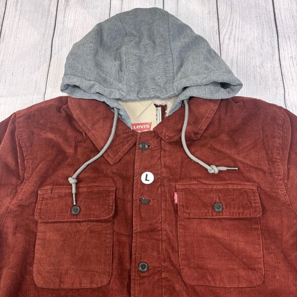 Levis Corduroy Sherpa-Lined Jacket With Hood Size Large Red & Gray - Picture 6 of 13